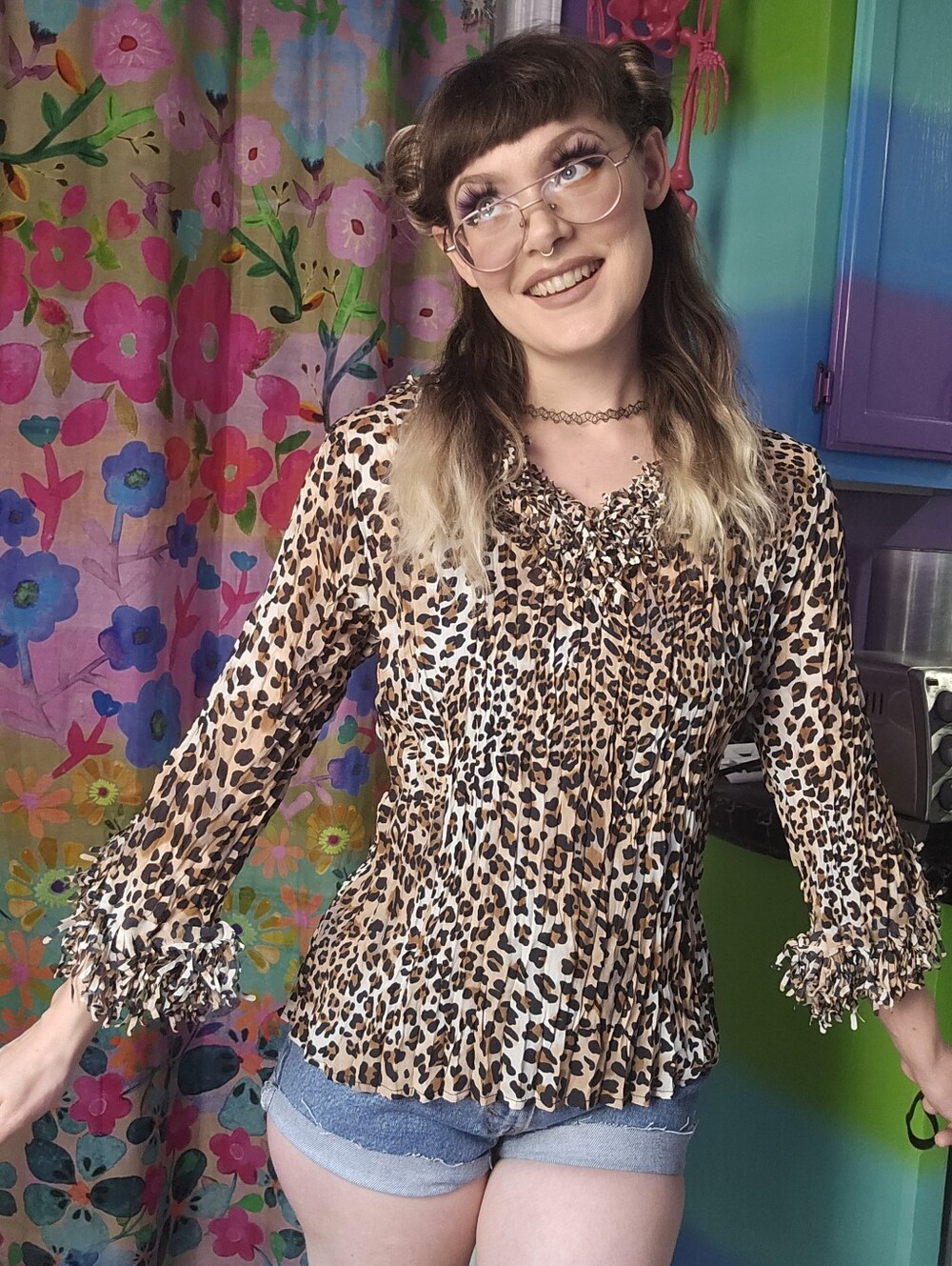 Y2k 2000's Vintage Leopard / Cheetah Print Ruffle-Trim Women’s Top